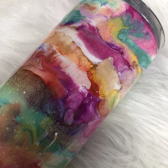 20 Ounce Tumbler Hand-Painted Pinks Pearl Teal Yellow Lid And Straw - Picture 5 of 16